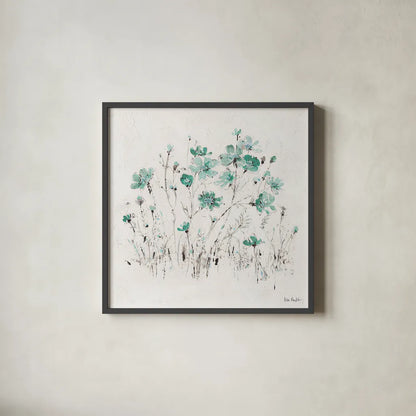 Wildflowers II Turquoise by Lisa Audit. Shown in a sleek black glass frame for a contemporary gallery look. Available as an archival giclee rolled canvas, fine art paper, or poster print. SKU 37435a.