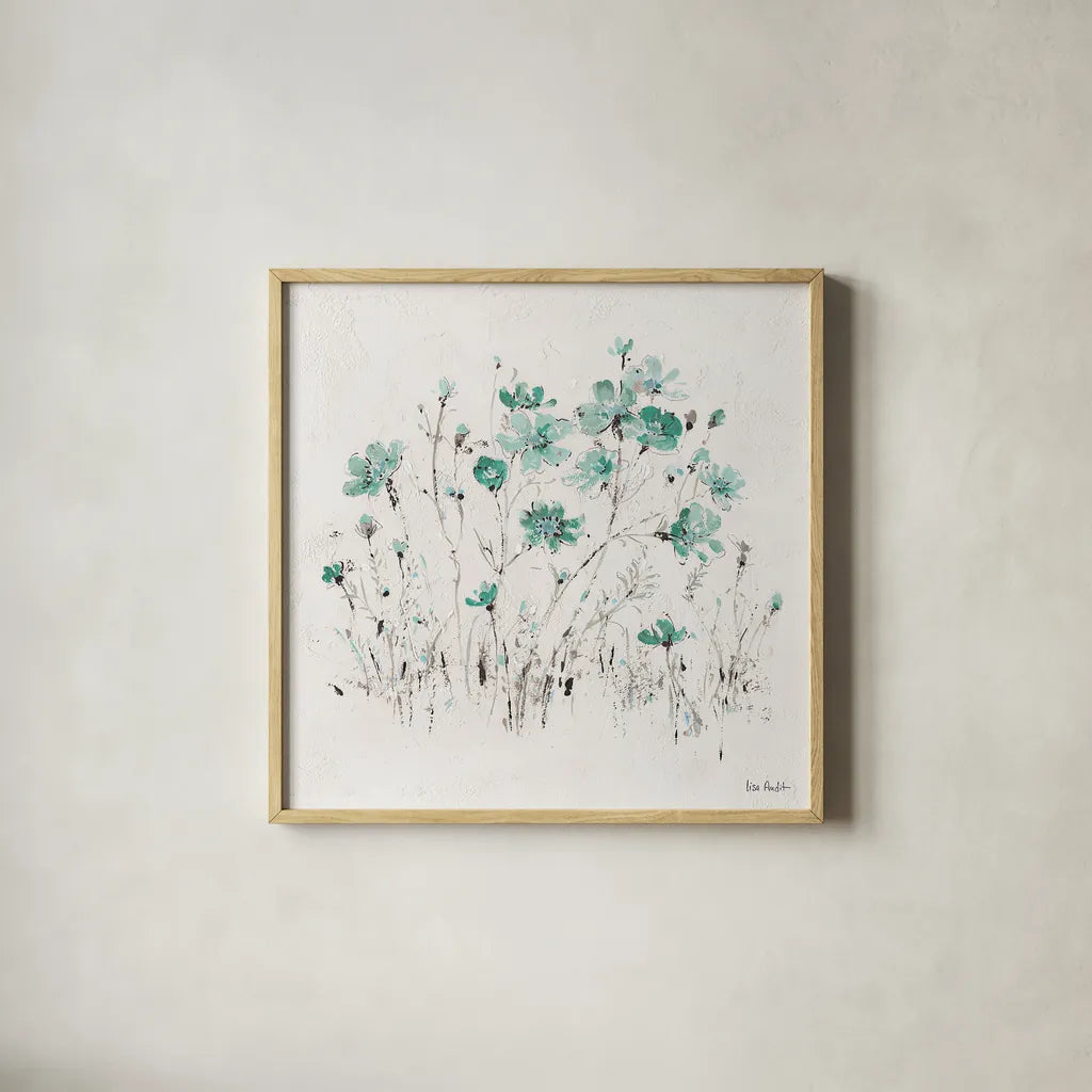 Wildflowers II Turquoise by Lisa Audit. Shown in a natural wood glass frame for a timeless modern aesthetic. Available as an archival giclee rolled canvas, fine art paper, or poster print. SKU 37435a.