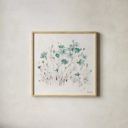 Wildflowers II Turquoise by Lisa Audit. Shown in a natural wood glass frame for a timeless modern aesthetic. Available as an archival giclee rolled canvas, fine art paper, or poster print. SKU 37435a.