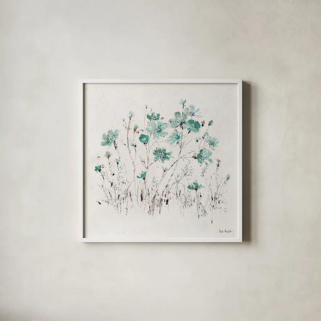 Wildflowers II Turquoise by Lisa Audit. Shown in a crisp white glass frame for a clean and minimalist style. Available as an archival giclee rolled canvas, fine art paper, or poster print. SKU 37435a.