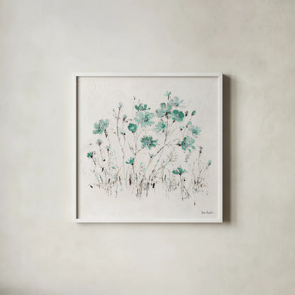 Wildflowers II Turquoise by Lisa Audit. Shown in a crisp white glass frame for a clean and minimalist style. Available as an archival giclee rolled canvas, fine art paper, or poster print. SKU 37435a.