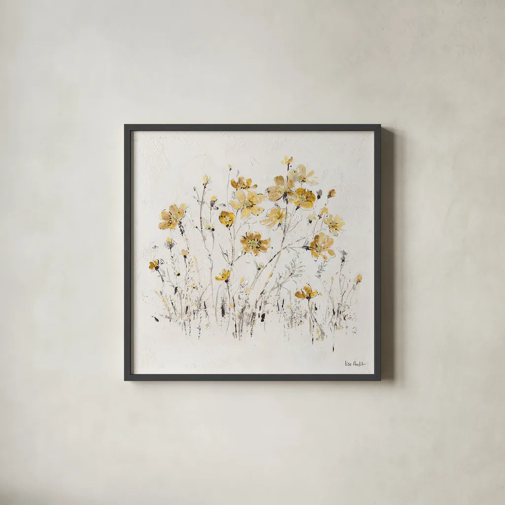Wildflowers II Yellow by Lisa Audit. Shown in a sleek black glass frame for a contemporary gallery look. Available as an archival giclee rolled canvas, fine art paper, or poster print. SKU 37438a.