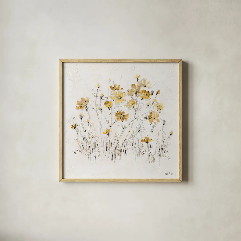 Wildflowers II Yellow by Lisa Audit. Shown in a natural wood glass frame for a timeless modern aesthetic. Available as an archival giclee rolled canvas, fine art paper, or poster print. SKU 37438a.