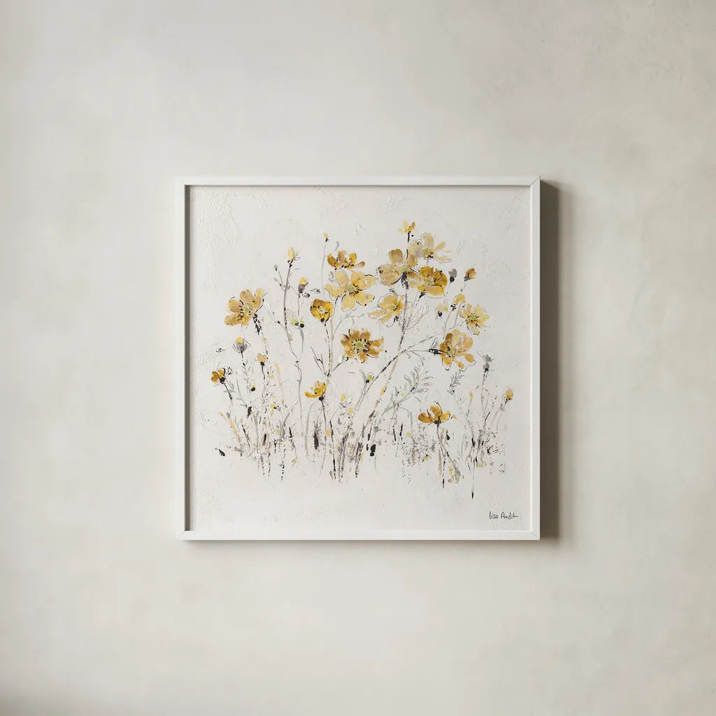 Wildflowers II Yellow by Lisa Audit. Shown in a crisp white glass frame for a clean and minimalist style. Available as an archival giclee rolled canvas, fine art paper, or poster print. SKU 37438a.