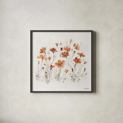 Wildflowers III Orange by Lisa Audit. Shown in a sleek black glass frame for a contemporary gallery look. Available as an archival giclee rolled canvas, fine art paper, or poster print. SKU 37430a.