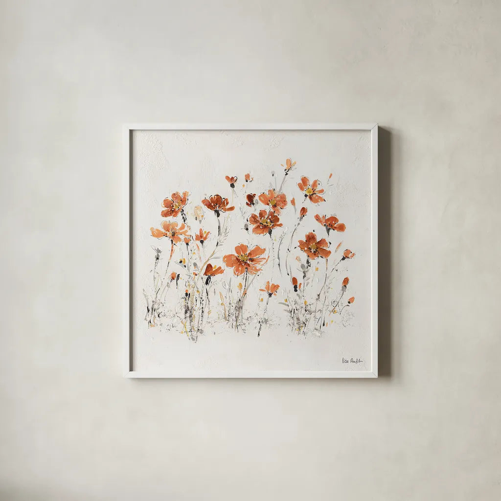 Wildflowers III Orange by Lisa Audit. Shown in a crisp white glass frame for a clean and minimalist style. Available as an archival giclee rolled canvas, fine art paper, or poster print. SKU 37430a.