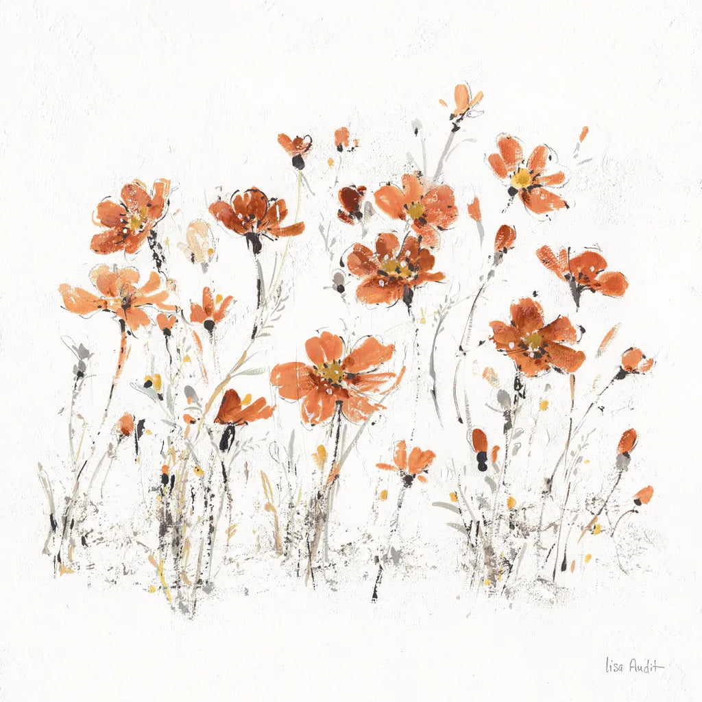 Wildflowers III Orange on White by Lisa Audit. SKU 89661a. Archival Giclee Fine art print for wall decor.