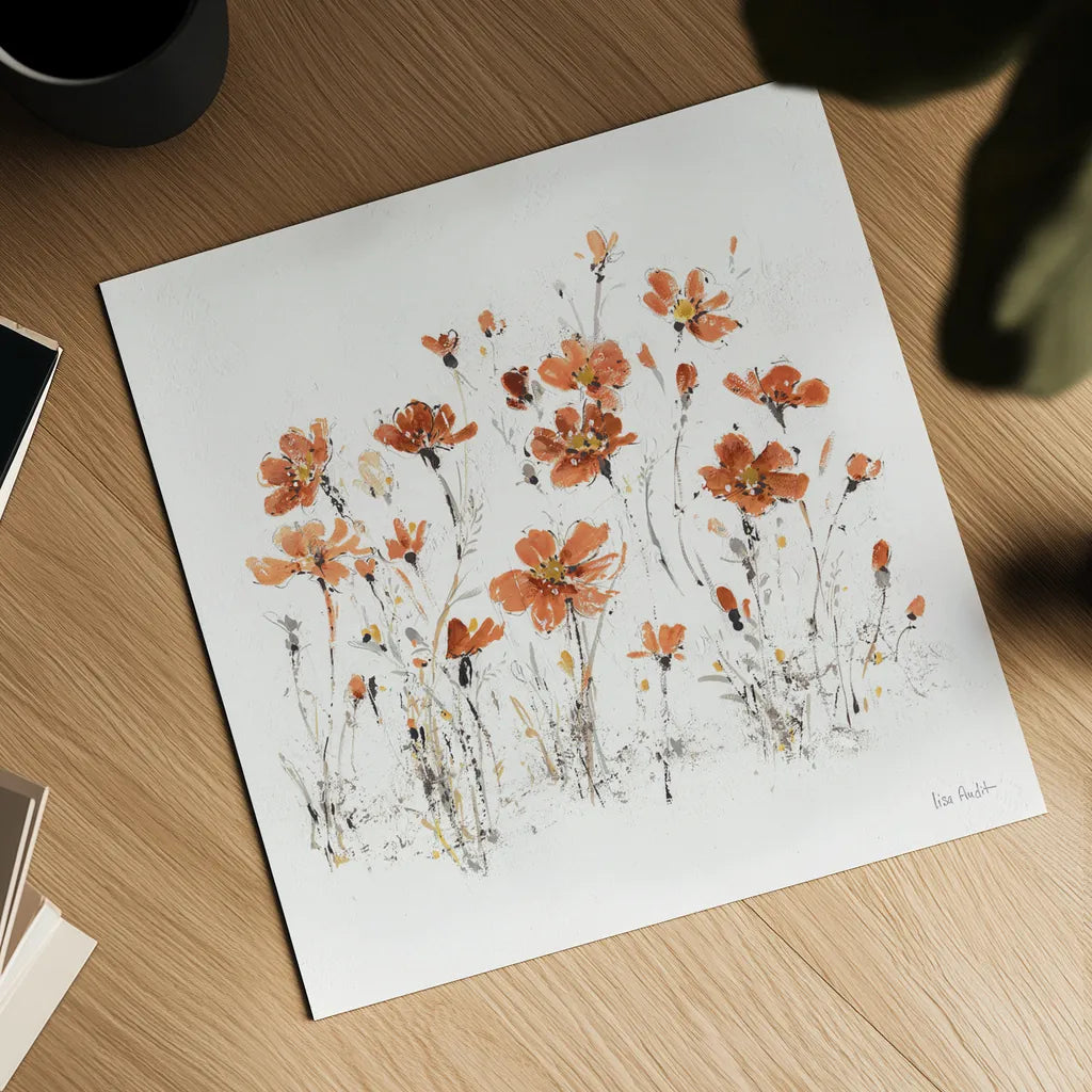 Wildflowers III Orange on White by Lisa Audit. Shown as a detailed flat fine art print, highlighting archival giclee quality. Available as an archival giclee rolled canvas, fine art paper, or poster print. SKU 89661a.