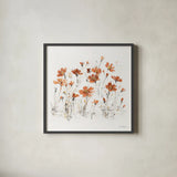 Wildflowers III Orange on White by Lisa Audit. Shown in a sleek black glass frame for a contemporary gallery look. Available as an archival giclee rolled canvas, fine art paper, or poster print. SKU 89661a.