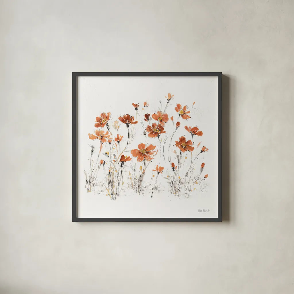 Wildflowers III Orange on White by Lisa Audit. Shown in a sleek black glass frame for a contemporary gallery look. Available as an archival giclee rolled canvas, fine art paper, or poster print. SKU 89661a.