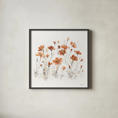 Wildflowers III Orange on White by Lisa Audit. Shown in a sleek black glass frame for a contemporary gallery look. Available as an archival giclee rolled canvas, fine art paper, or poster print. SKU 89661a.