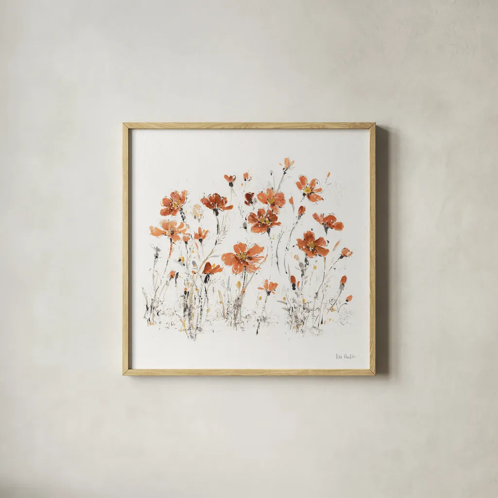 Wildflowers III Orange on White by Lisa Audit. Shown in a natural wood glass frame for a timeless modern aesthetic. Available as an archival giclee rolled canvas, fine art paper, or poster print. SKU 89661a.