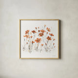 Wildflowers III Orange on White by Lisa Audit. Shown in a natural wood glass frame for a timeless modern aesthetic. Available as an archival giclee rolled canvas, fine art paper, or poster print. SKU 89661a.