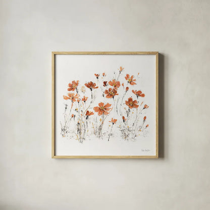 Wildflowers III Orange on White by Lisa Audit. Shown in a natural wood glass frame for a timeless modern aesthetic. Available as an archival giclee rolled canvas, fine art paper, or poster print. SKU 89661a.