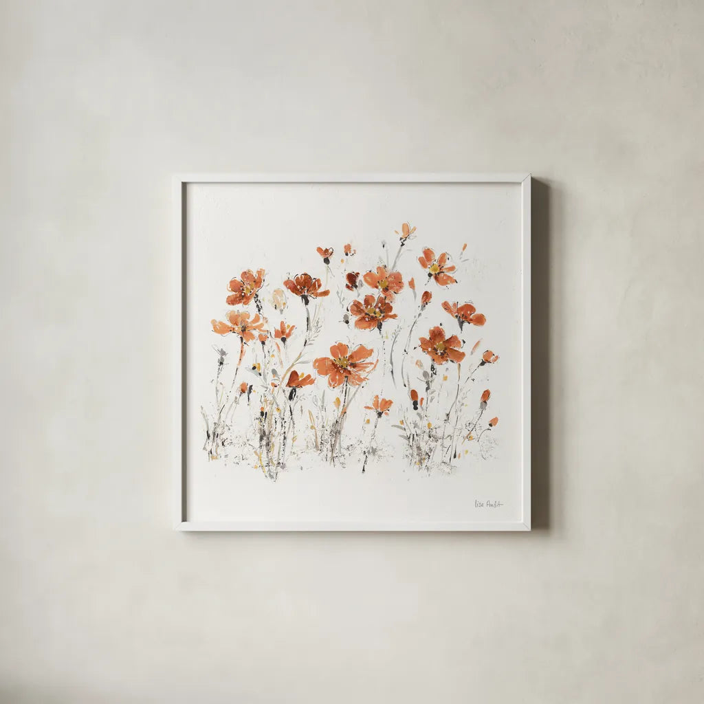 Wildflowers III Orange on White by Lisa Audit. Shown in a crisp white glass frame for a clean and minimalist style. Available as an archival giclee rolled canvas, fine art paper, or poster print. SKU 89661a.