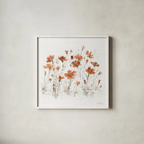 Wildflowers III Orange on White by Lisa Audit. Shown in a crisp white glass frame for a clean and minimalist style. Available as an archival giclee rolled canvas, fine art paper, or poster print. SKU 89661a.