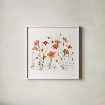 Wildflowers III Orange on White by Lisa Audit. Shown in a crisp white glass frame for a clean and minimalist style. Available as an archival giclee rolled canvas, fine art paper, or poster print. SKU 89661a.