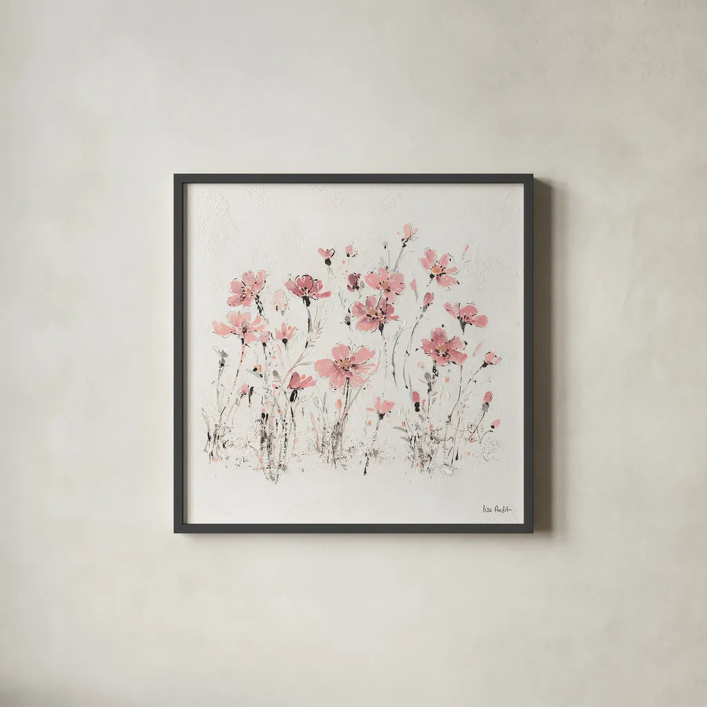 Wildflowers III Pink by Lisa Audit. Shown in a sleek black glass frame for a contemporary gallery look. Available as an archival giclee rolled canvas, fine art paper, or poster print. SKU 37433a.