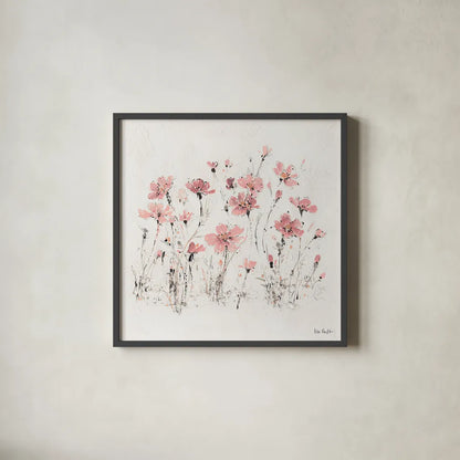 Wildflowers III Pink by Lisa Audit. Shown in a sleek black glass frame for a contemporary gallery look. Available as an archival giclee rolled canvas, fine art paper, or poster print. SKU 37433a.