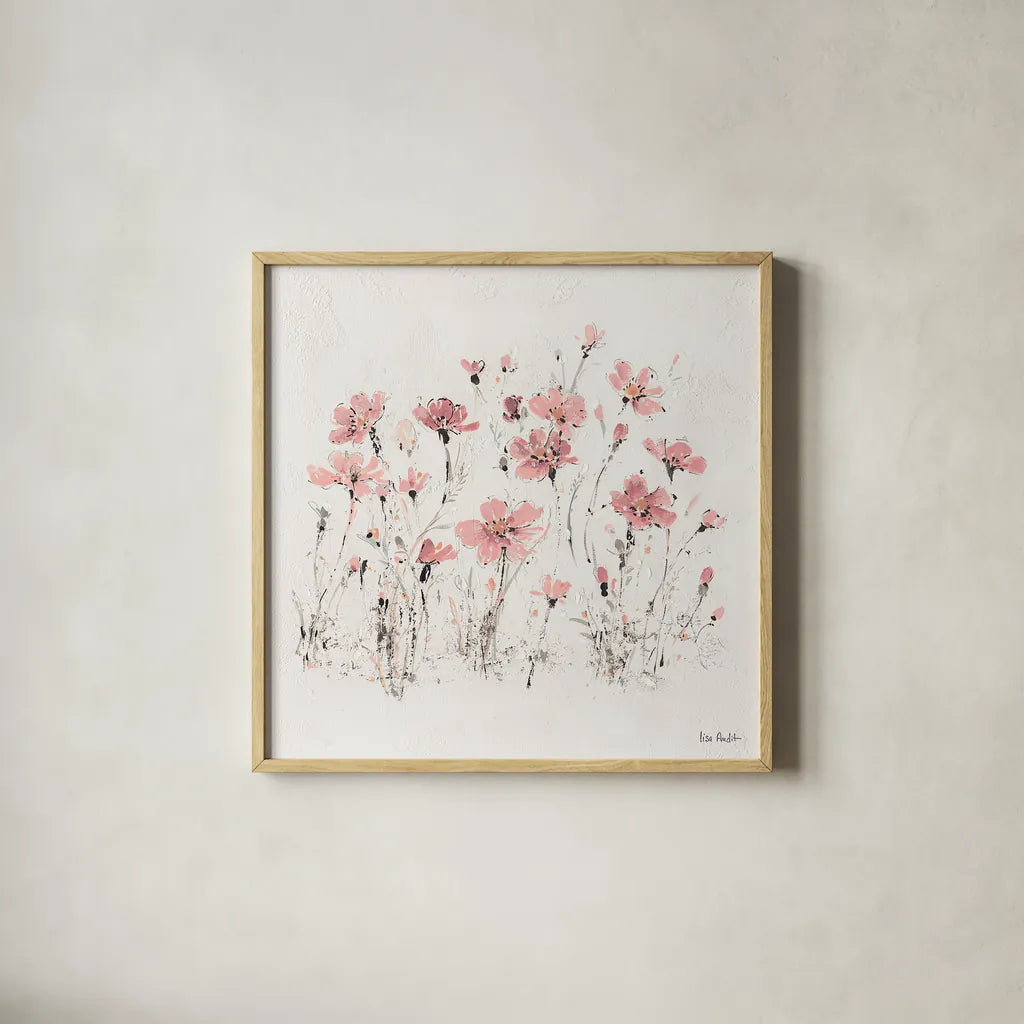 Wildflowers III Pink by Lisa Audit. Shown in a natural wood glass frame for a timeless modern aesthetic. Available as an archival giclee rolled canvas, fine art paper, or poster print. SKU 37433a.