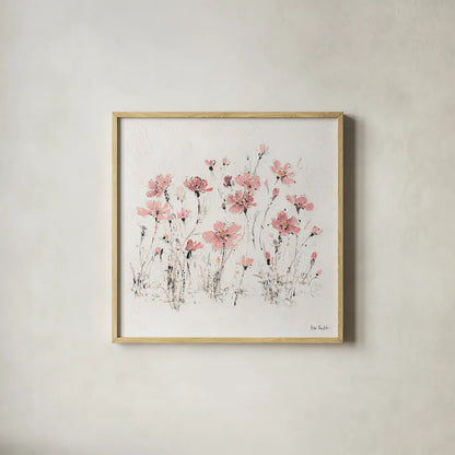 Wildflowers III Pink by Lisa Audit. Shown in a natural wood glass frame for a timeless modern aesthetic. Available as an archival giclee rolled canvas, fine art paper, or poster print. SKU 37433a.