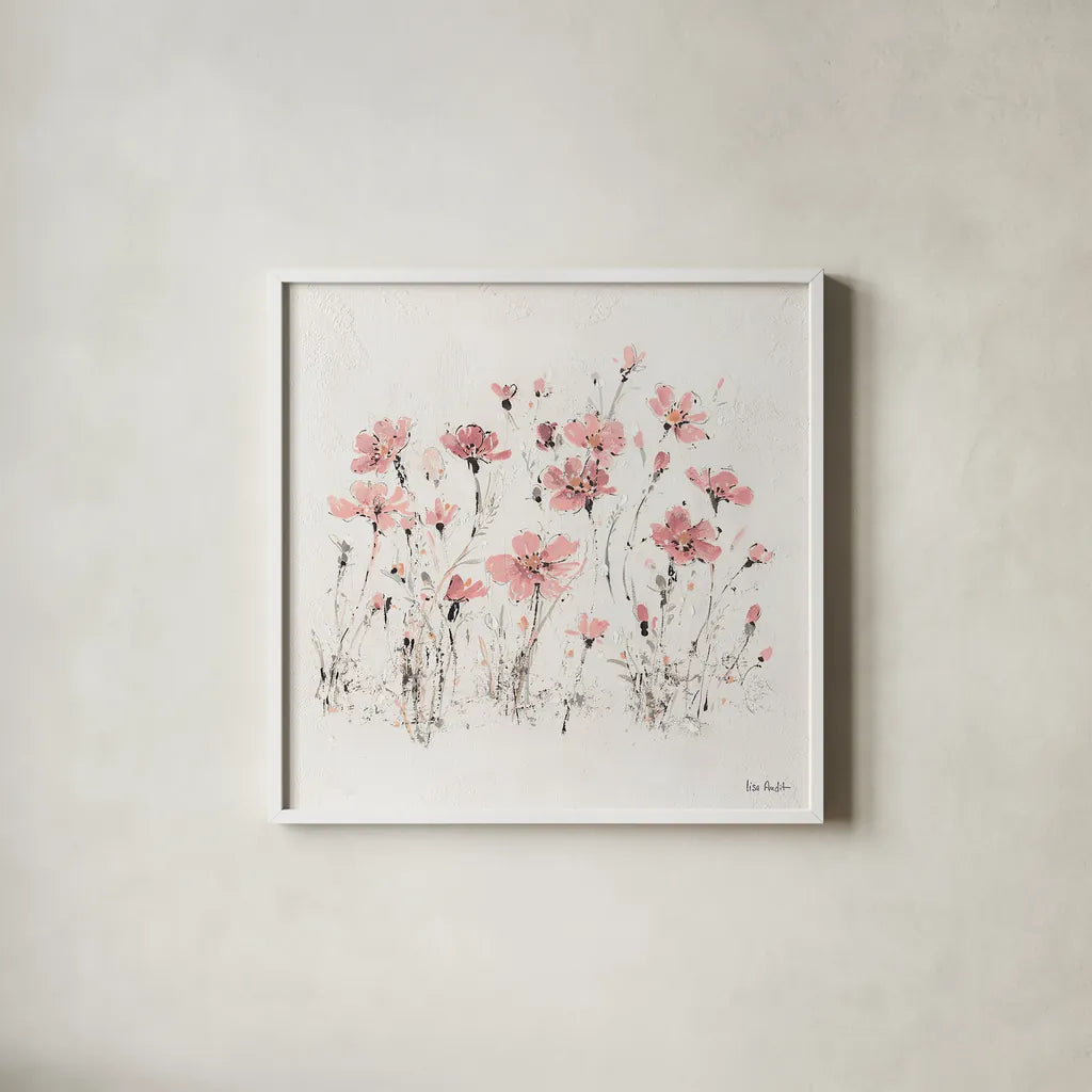 Wildflowers III Pink by Lisa Audit. Shown in a crisp white glass frame for a clean and minimalist style. Available as an archival giclee rolled canvas, fine art paper, or poster print. SKU 37433a.