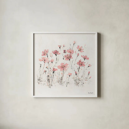 Wildflowers III Pink by Lisa Audit. Shown in a crisp white glass frame for a clean and minimalist style. Available as an archival giclee rolled canvas, fine art paper, or poster print. SKU 37433a.