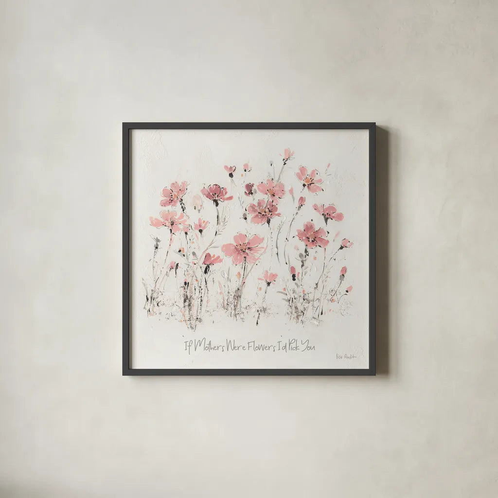Wildflowers III Pink Mothers by Lisa Audit. Shown in a sleek black glass frame for a contemporary gallery look. Available as an archival giclee rolled canvas, fine art paper, or poster print. SKU 41678a.