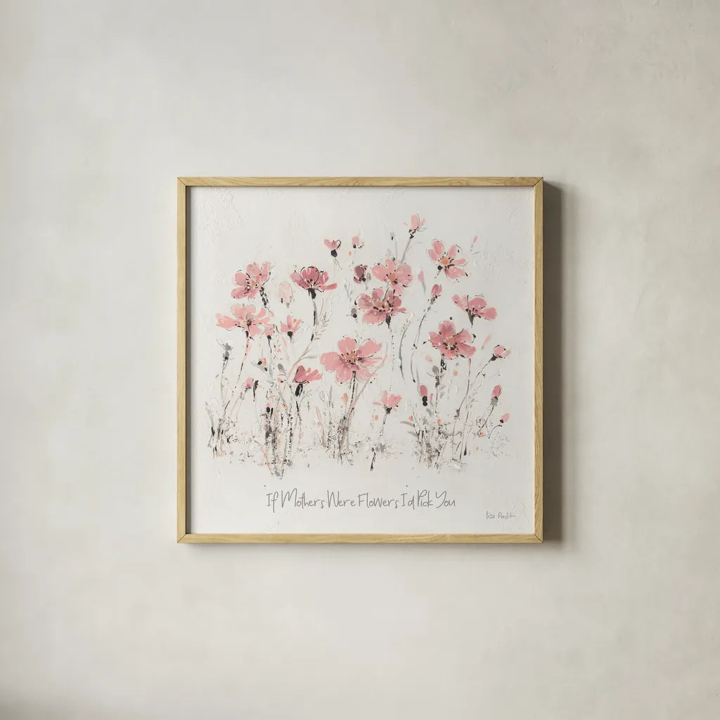 Wildflowers III Pink Mothers by Lisa Audit. Shown in a natural wood glass frame for a timeless modern aesthetic. Available as an archival giclee rolled canvas, fine art paper, or poster print. SKU 41678a.