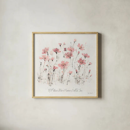 Wildflowers III Pink Mothers by Lisa Audit. Shown in a natural wood glass frame for a timeless modern aesthetic. Available as an archival giclee rolled canvas, fine art paper, or poster print. SKU 41678a.