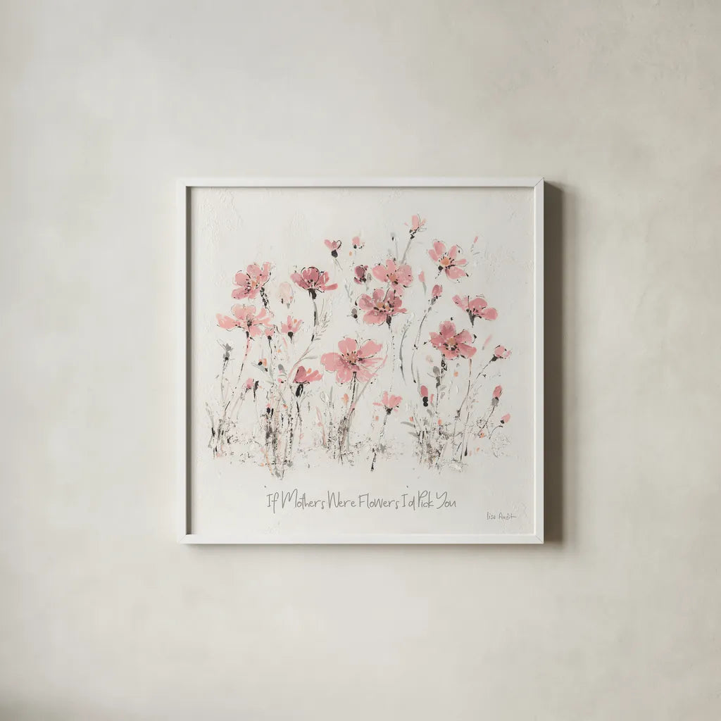 Wildflowers III Pink Mothers by Lisa Audit. Shown in a crisp white glass frame for a clean and minimalist style. Available as an archival giclee rolled canvas, fine art paper, or poster print. SKU 41678a.