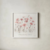 Wildflowers III Pink Mothers by Lisa Audit. Shown in a crisp white glass frame for a clean and minimalist style. Available as an archival giclee rolled canvas, fine art paper, or poster print. SKU 41678a.