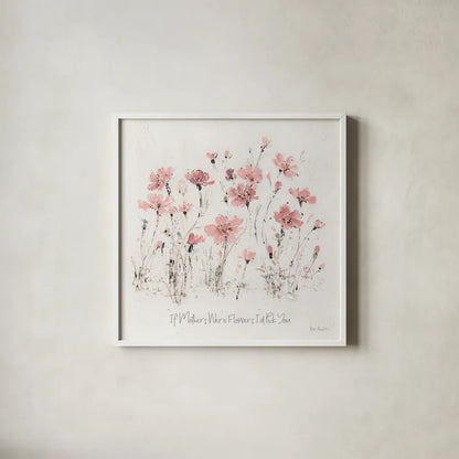Wildflowers III Pink Mothers by Lisa Audit. Shown in a crisp white glass frame for a clean and minimalist style. Available as an archival giclee rolled canvas, fine art paper, or poster print. SKU 41678a.