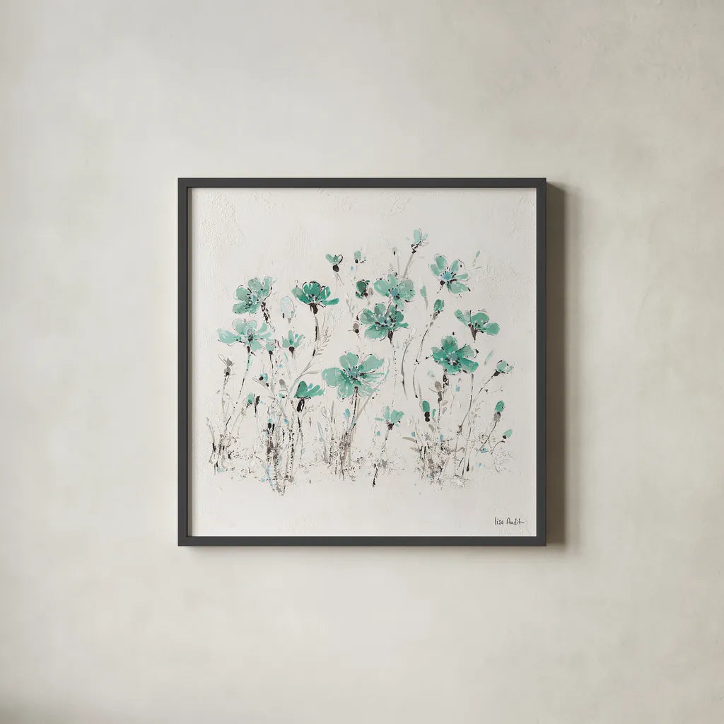 Wildflowers III Turquoise by Lisa Audit. Shown in a sleek black glass frame for a contemporary gallery look. Available as an archival giclee rolled canvas, fine art paper, or poster print. SKU 37436a.