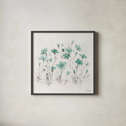 Wildflowers III Turquoise by Lisa Audit. Shown in a sleek black glass frame for a contemporary gallery look. Available as an archival giclee rolled canvas, fine art paper, or poster print. SKU 37436a.