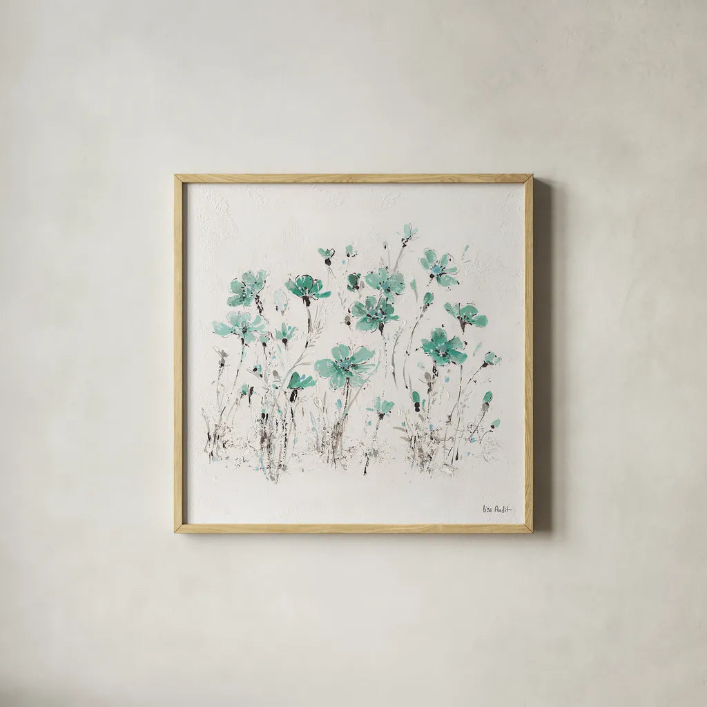 Wildflowers III Turquoise by Lisa Audit. Shown in a natural wood glass frame for a timeless modern aesthetic. Available as an archival giclee rolled canvas, fine art paper, or poster print. SKU 37436a.
