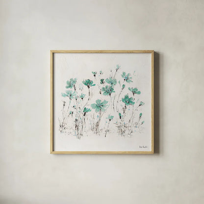 Wildflowers III Turquoise by Lisa Audit. Shown in a natural wood glass frame for a timeless modern aesthetic. Available as an archival giclee rolled canvas, fine art paper, or poster print. SKU 37436a.