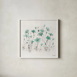 Wildflowers III Turquoise by Lisa Audit. Shown in a crisp white glass frame for a clean and minimalist style. Available as an archival giclee rolled canvas, fine art paper, or poster print. SKU 37436a.