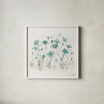 Wildflowers III Turquoise by Lisa Audit. Shown in a crisp white glass frame for a clean and minimalist style. Available as an archival giclee rolled canvas, fine art paper, or poster print. SKU 37436a.