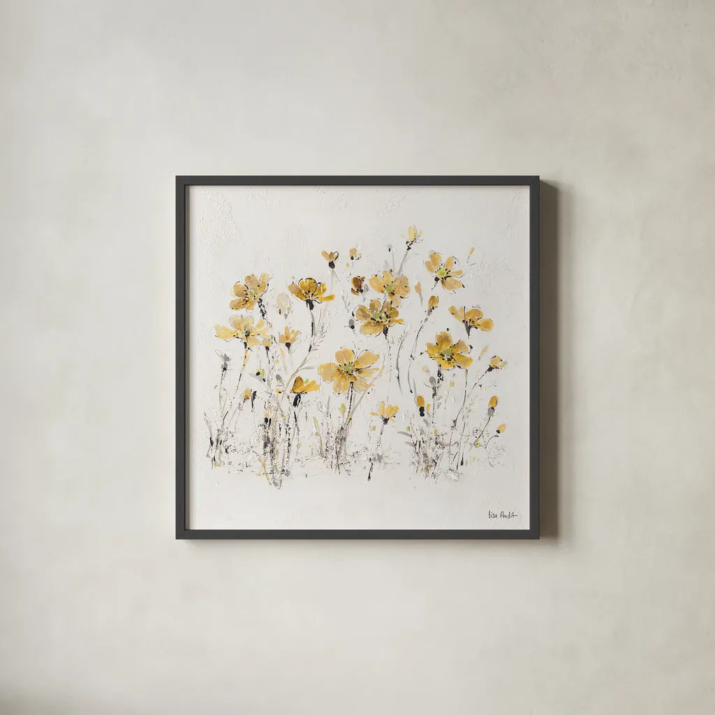 Wildflowers III Yellow by Lisa Audit. Shown in a sleek black glass frame for a contemporary gallery look. Available as an archival giclee rolled canvas, fine art paper, or poster print. SKU 37439a.