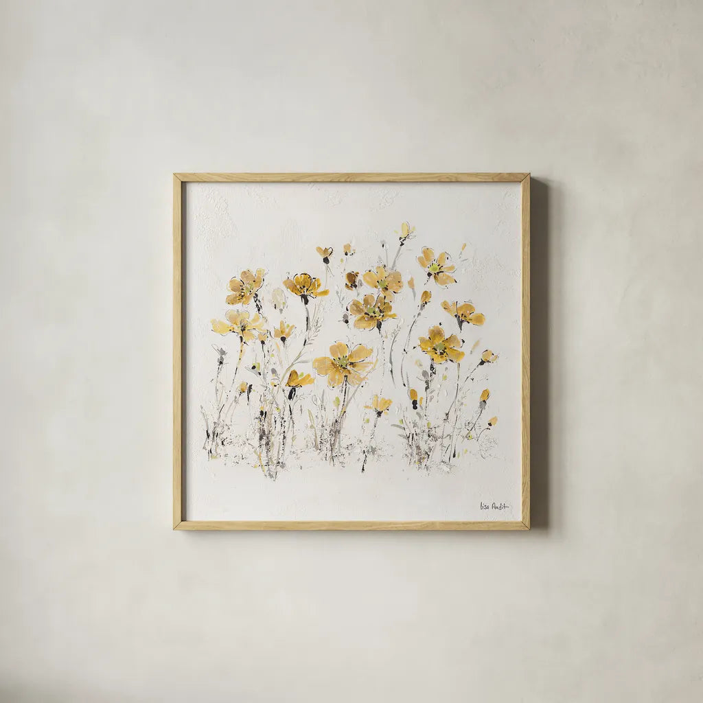 Wildflowers III Yellow by Lisa Audit. Shown in a natural wood glass frame for a timeless modern aesthetic. Available as an archival giclee rolled canvas, fine art paper, or poster print. SKU 37439a.