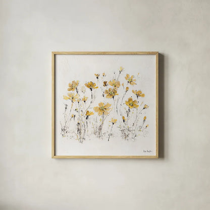 Wildflowers III Yellow by Lisa Audit. Shown in a natural wood glass frame for a timeless modern aesthetic. Available as an archival giclee rolled canvas, fine art paper, or poster print. SKU 37439a.