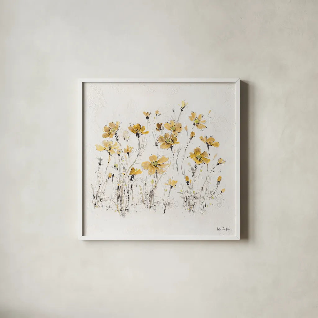 Wildflowers III Yellow by Lisa Audit. Shown in a crisp white glass frame for a clean and minimalist style. Available as an archival giclee rolled canvas, fine art paper, or poster print. SKU 37439a.