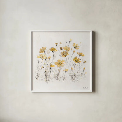 Wildflowers III Yellow by Lisa Audit. Shown in a crisp white glass frame for a clean and minimalist style. Available as an archival giclee rolled canvas, fine art paper, or poster print. SKU 37439a.