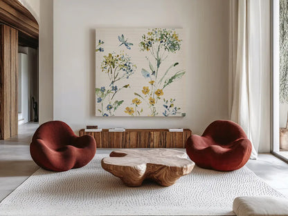 Zest of Happy II by Lisa Audit. Shown as extra-large giant wall art in a modern living room. Available as an archival giclee rolled canvas, fine art paper, or poster print. SKU 51810a.