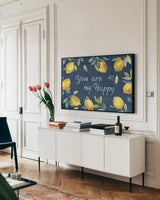 Zest of Happy IV Blue by Lisa Audit. shown as a framed stretched canvas in a living room above a console. Available as a archival giclee rolled canvas, fine art paper, or poster print. SKU 51817i.