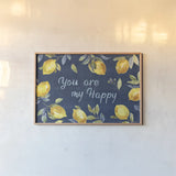 Zest of Happy IV Blue by Lisa Audit. shown as a paper print in a natural frame. Available as a archival giclee rolled canvas, fine art paper, or poster print. SKU 51817i.