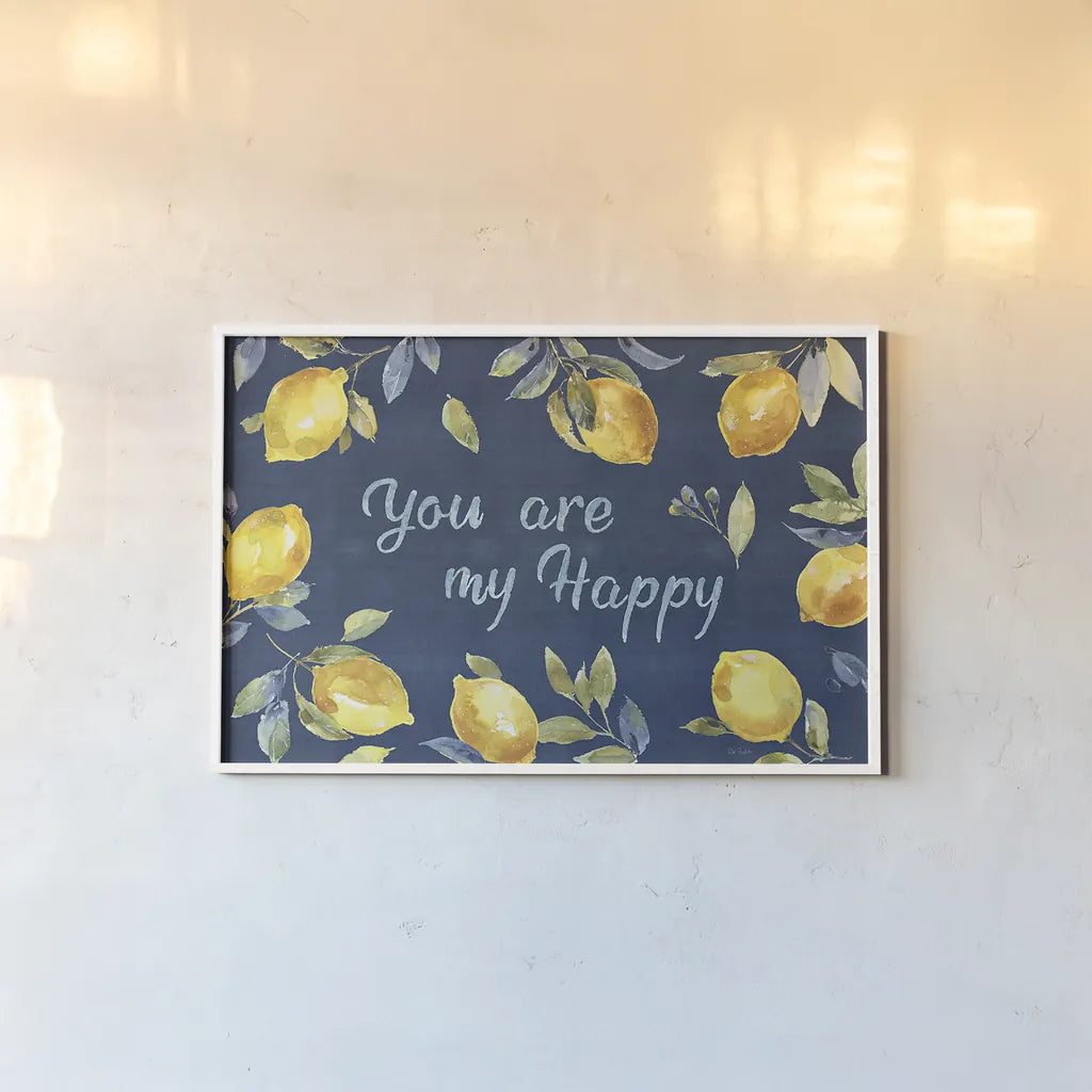 Zest of Happy IV Blue by Lisa Audit. shown as a paper print in a white frame. Available as a archival giclee rolled canvas, fine art paper, or poster print. SKU 51817i.
