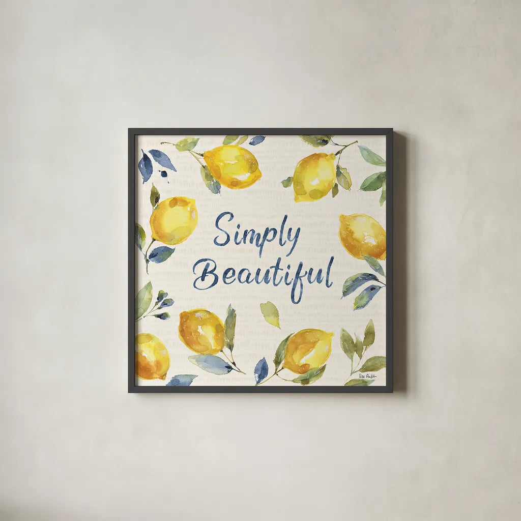 Zest of Happy V by Lisa Audit. Shown in a sleek black glass frame for a contemporary gallery look. Available as an archival giclee rolled canvas, fine art paper, or poster print. SKU 51813a.