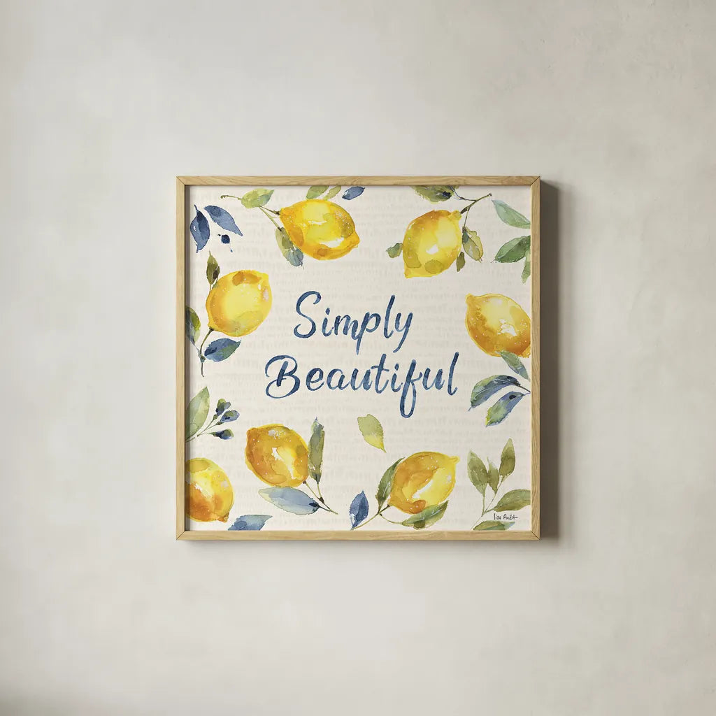 Zest of Happy V by Lisa Audit. Shown in a natural wood glass frame for a timeless modern aesthetic. Available as an archival giclee rolled canvas, fine art paper, or poster print. SKU 51813a.